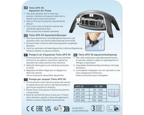 Pompe à air d''aquarium Tetra APS 50 avec chambres antibruit et régulation du débit d''air