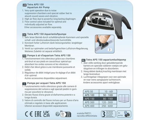 Détails de la pompe à air d''aquarium Tetra APS 150