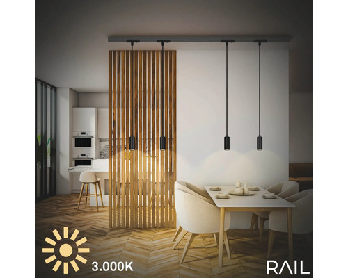 Salle à manger avec table à manger et suspensions Rail avec une couleur de lumière de 3000 Kelvin