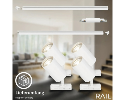 Set mit vier Strahlern mit Schienen für die Deckenmontage