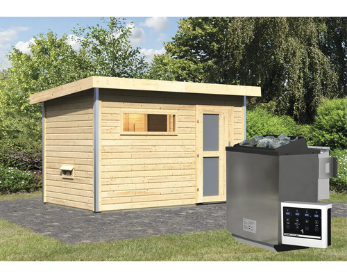 Sauna mit Saunaofen und Steuergerät im Garten