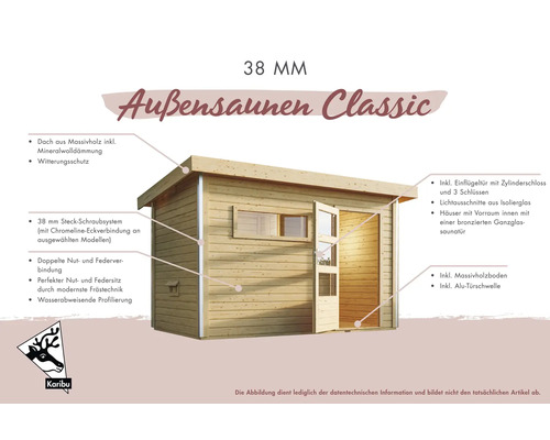 Außensauna Classic mit Massivholzdach, Mineralwolldämmung, Witterungsschutz, Steckschraubsystem, Nut- und Federverbindung, Einflügeltür mit Zylinderschloss, Isolierglas, Massivholzboden und Aluminium Türschwelle
