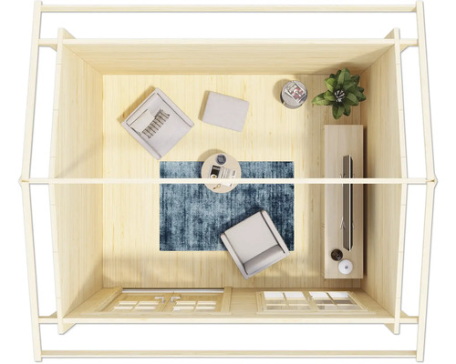 Vue de dessus d''une maison de jardin en bois avec des meubles, dont des fauteuils, une table et un tapis