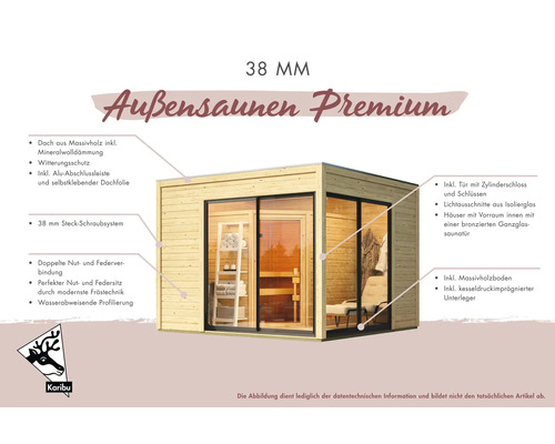 Premium-Aussensauna aus Holz mit Vorraum und Ganzglassaunatür