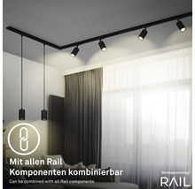 Raum mit schwarzem Schienensystem mit Strahlern und Pendelleuchten an der Decke