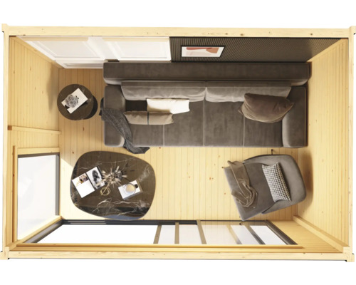 Vue intérieure d'une cabane de jardin avec canapé, fauteuil et tables