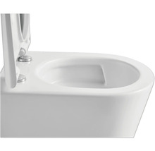 Vue détaillée de toilettes suspendues avec abattant ouvert.