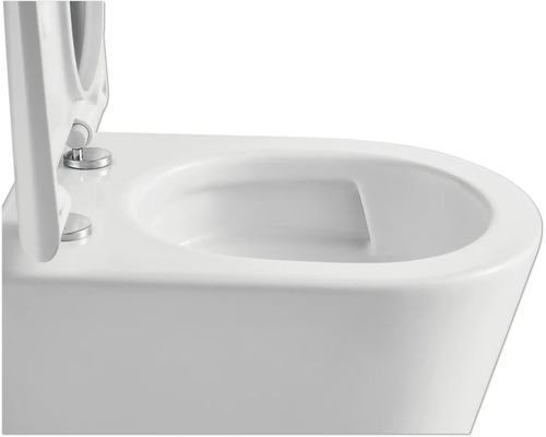 Vue détaillée de toilettes suspendues avec abattant ouvert.