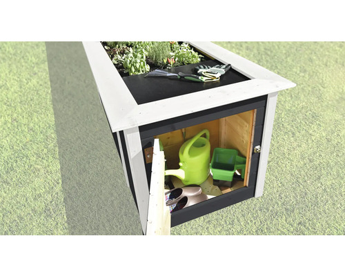 Armoire de jardin avec plantation, outils de jardinage, arrosoir et chaussures