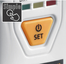 Vue détaillée d''un bouton de commande avec l''inscription Set et le symbole marche/arrêt