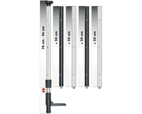 Teleskop-Messlatte mit einer Länge von 76 Zentimeter bis 94 Zentimeter und festen Elementen von plus 59 Zentimeter