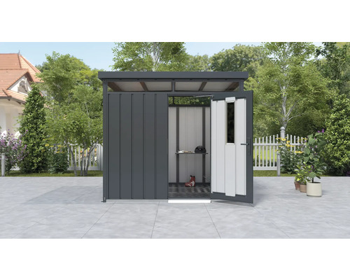 Abri de jardin ouvert avec porte et étagère pour le rangement de jardin