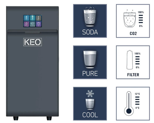 Distributeur d''eau avec fonctions soda, pure et fraîche, ainsi que des indicateurs pour le dioxyde de carbone, le filtre et la température.