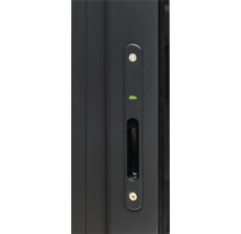 Vue détaillée d''une porte avec poignée intégrée et niveau à bulle intégré.