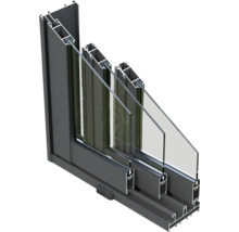 Coupe transversale d''une fenêtre avec cadre et triple vitrage