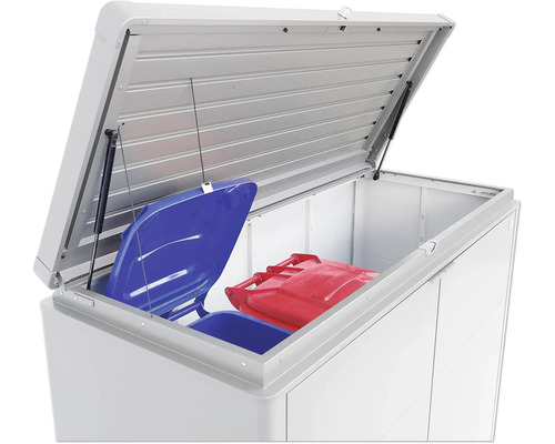 Box à poubelles ouverte avec poubelles bleues et rouges