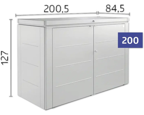 Abri de rangement métallique avec portes coulissantes et indications de dimensions