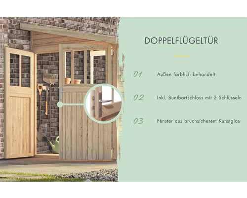 Doppelflügeltür aus Holz mit Fenster und Beschlägen