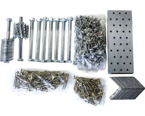 Assortiment de vis, boulons, rondelles, plaques perforées et équerres d''assemblage