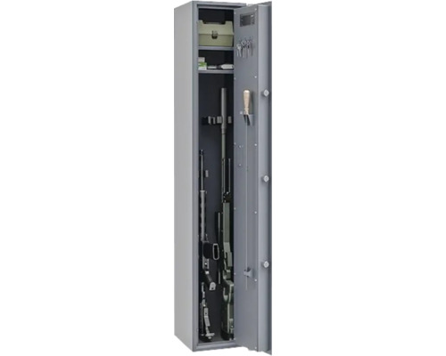 Armoire à fusils avec porte ouverte, équipée d''armes et d''accessoires