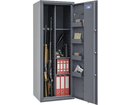 Armoire à fusils grise ouverte avec armes, munitions et classeurs