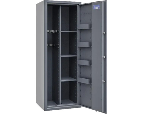 Armoire à fusils ouverte avec compartiments et supports pour fusils