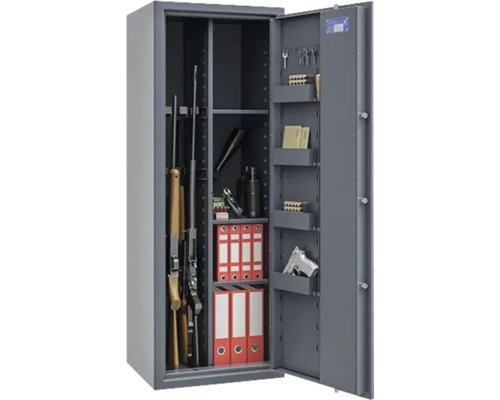 Armoire à fusils ouverte avec armes, munitions et documents