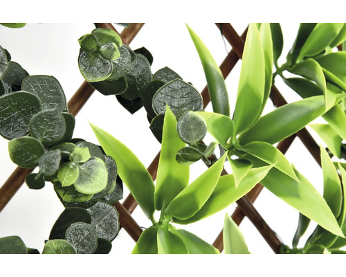 Mur végétal artificiel avec eucalyptus et feuilles de bambou sur treillis en bois