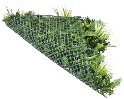 Mur végétal vert avec différentes espèces de plantes et treillis en plastique