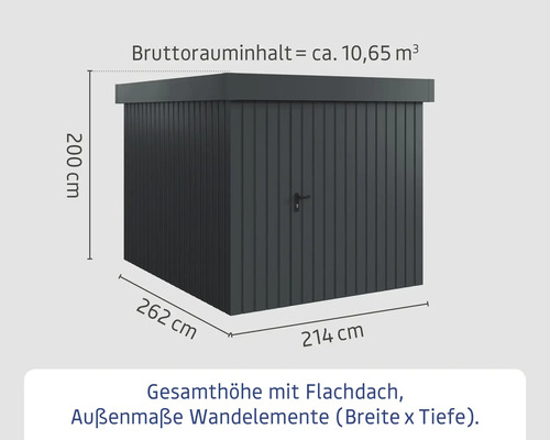 Abmessungen des Gartenhauses mit Flachdach: 200 cm Höhe, 262 cm Breite und 214 cm Tiefe