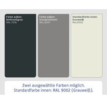 Farben mit RAL Codes: Anthrazitgrau RAL 7016, Graualuminium RAL 9007 und Grauweiß RAL 9002