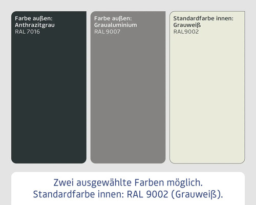 Farben mit RAL Codes: Anthrazitgrau RAL 7016, Graualuminium RAL 9007 und Grauweiß RAL 9002