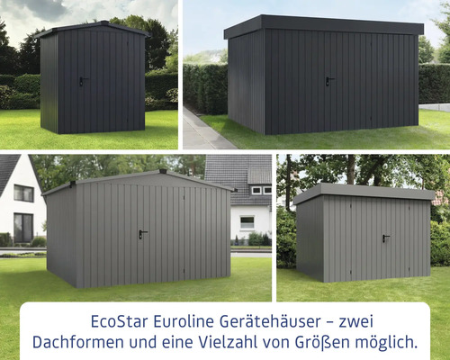 Verschiedene EcoStar Euroline Gerätehäuser mit zwei Dachformen und unterschiedlichen Größen im Garten