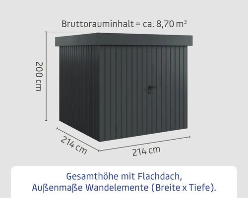 Abmessungen eines Gerätehauses mit Flachdach und den Außenmaßen der Wandelemente