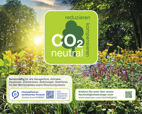 CO2-neutrales Produkt für Garagentore, Antriebe, Haustüren, Zimmertüren, Stahlzargen und Stahltüren.