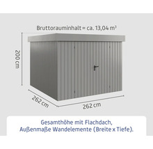 Abmessungen eines Gerätehauses mit Flachdach, Aussenmasse der Wandelemente: Breite 262 cm, Tiefe 262 cm, Höhe 200 cm, Bruttorauminhalt circa 13,04 Kubikmeter.