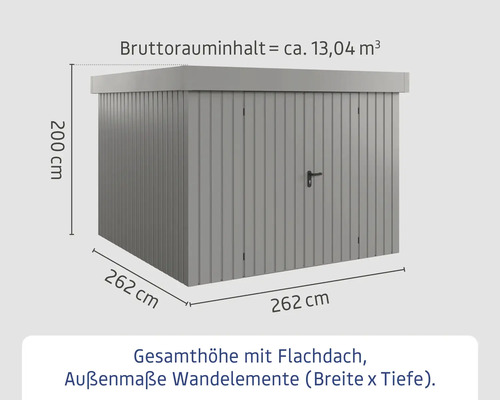 Abmessungen eines Gerätehauses mit Flachdach, Aussenmasse der Wandelemente: Breite 262 cm, Tiefe 262 cm, Höhe 200 cm, Bruttorauminhalt circa 13,04 Kubikmeter.
