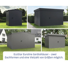 EcoStar Euroline Gerätehäuser mit verschiedenen Dachformen und Grössen im Garten.