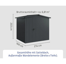 Metall Gerätehaus mit Satteldach und Größenangaben