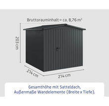 Abbildung eines Gerätehauses mit den Massangaben 203 cm Höhe und 214 cm Breite und Tiefe