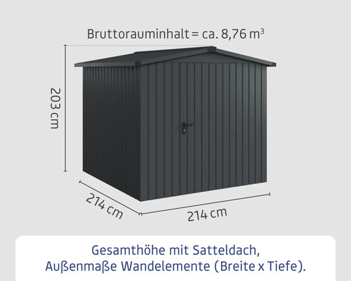 Abbildung eines Gerätehauses mit den Massangaben 203 cm Höhe und 214 cm Breite und Tiefe