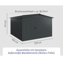 Gartenschuppen aus Metall mit Satteldach und Massangaben