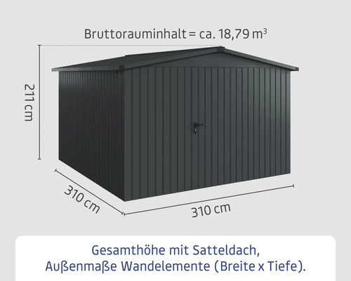 Gartenschuppen aus Metall mit Satteldach und Massangaben
