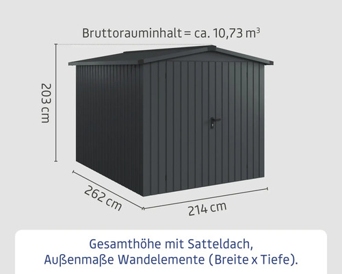 Abmessungen eines Gerätehauses mit Satteldach: 203 cm Höhe, 262 cm Breite und 214 cm Tiefe