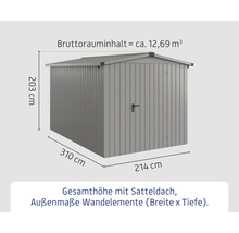 Metall Gerätehaus mit Satteldach und Massangaben