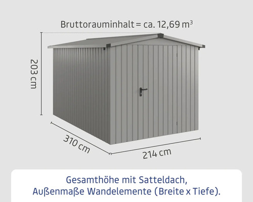 Metall Gerätehaus mit Satteldach und Massangaben