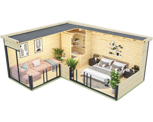 Chalet en bois avec salon, chambre et douche