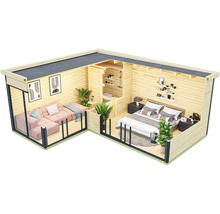 Illustration d''une maison en bois avec salon, chambre et salle de bain