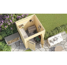 Scène de jardin avec abri de jardin, étagère à bois, robot tondeuse et coin salon sur une surface pavée