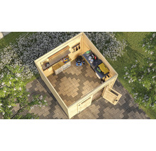 Abri de jardin en bois avec établi et outils de jardin vus d'en haut